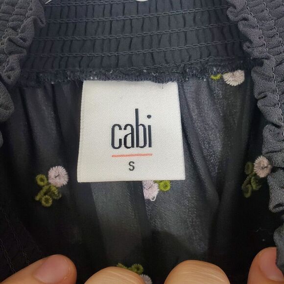 CAbi Blouse Womens S Embroidered Contrast Florals Smocked High Neck Dark Sheer - Picture 5 of 9